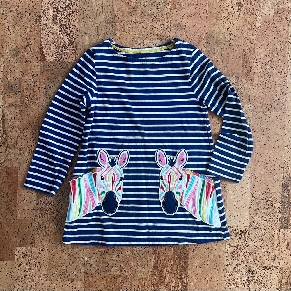 Mini Boden Blue Striped Long Sleeve Tunic with Colorful Zebra pockets